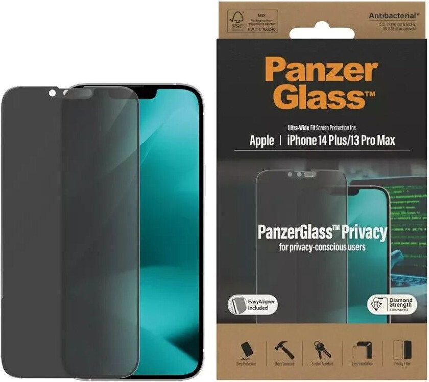 iPhone 14 Plus / 13 Pro Max AntiBacterial Ultra Wide Fit Skjermbeskyttelsesglass - EasyAligner - Privacy Filter - Diamond Strength