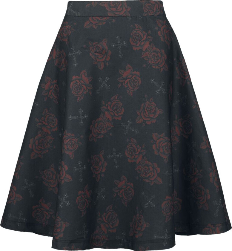 Middellangt skjørt - Skjørt med roser og kors - S til XL - Damer - svart