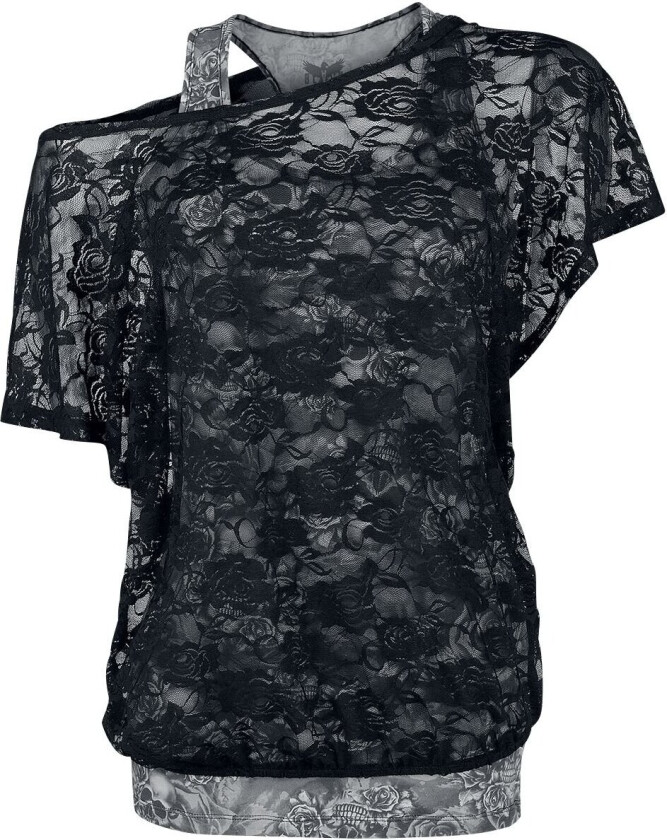 T-skjorte - Grå Topp med Sort Blondeskjorte - S til 5XL - Damer - svart-grå