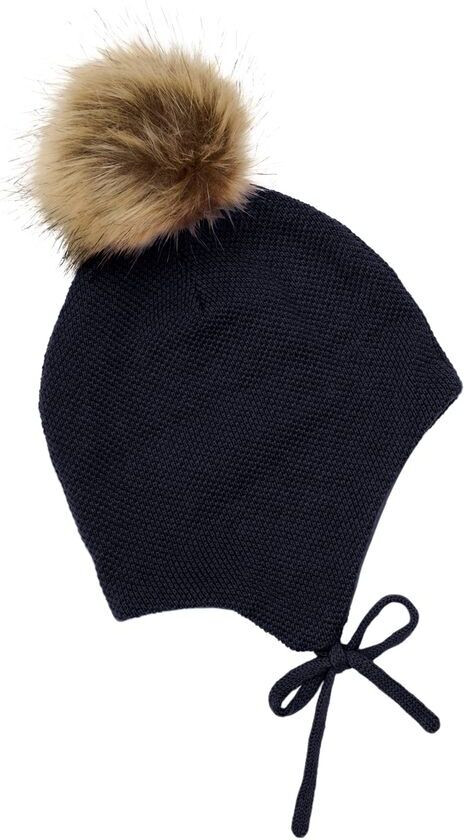 Beanie i Parisian Night med avtakbar falsk pels og knytesnor | Blå | 48 cm