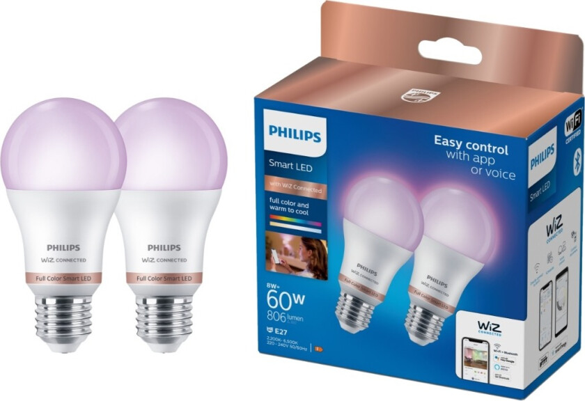 RGB smartpære E27 A60 8W 2stk