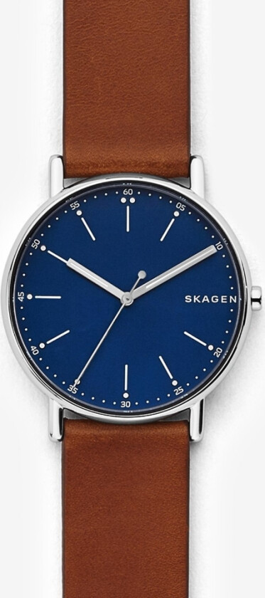 Elegant Skagen klokke med brun skinnrem og blå urskive - Skagen Signatur SKW6355 - Kvarts - Sølv - Herreklokker - Skinn - Mineral