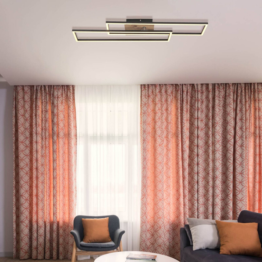 Dakari LED-taklampe, lengde 80 cm, svart/mørkt tre