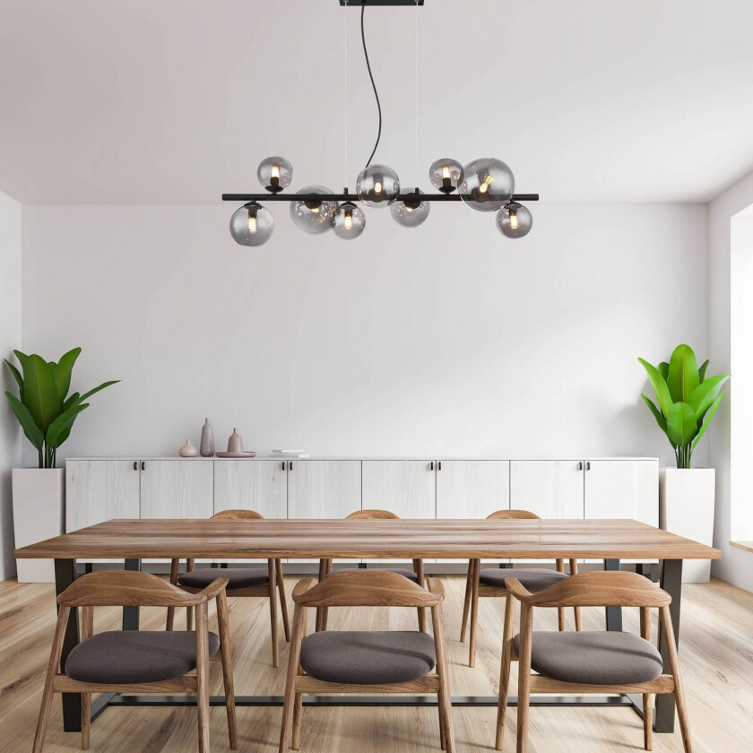 Riha hengelampe, lengde 87 cm, svart/røykfarget, 9 lyskilder.