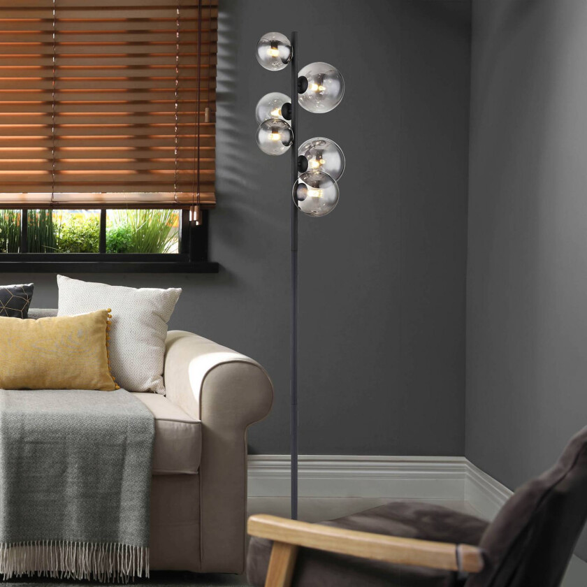 Riha gulvlampe, høyde 155 cm, svart/røykfarget, 6 lyskilder.