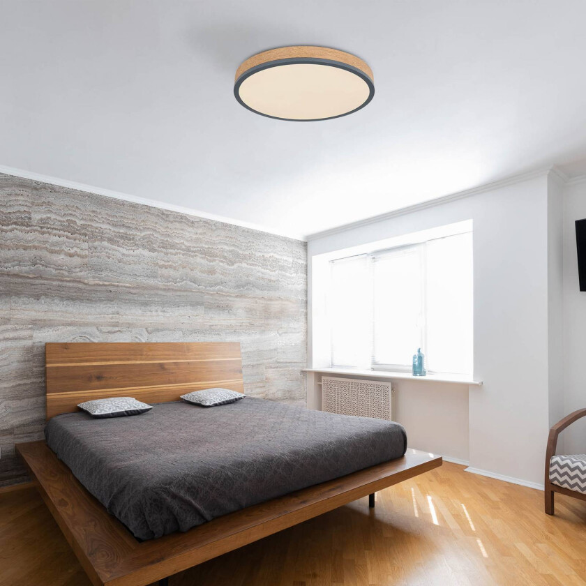 LED-taklampe Doro, Ø 45 cm, mørk grafitt/tre, tre, 830