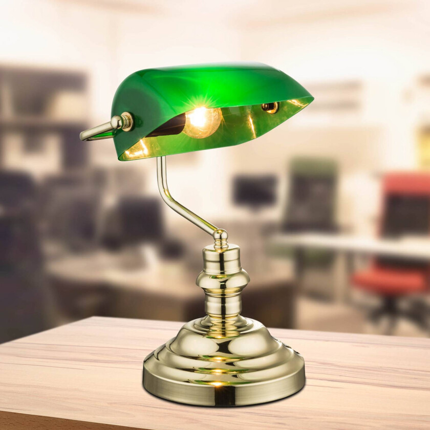 Antikk bordlampe, messing/grønn, høyde 36 cm, metall