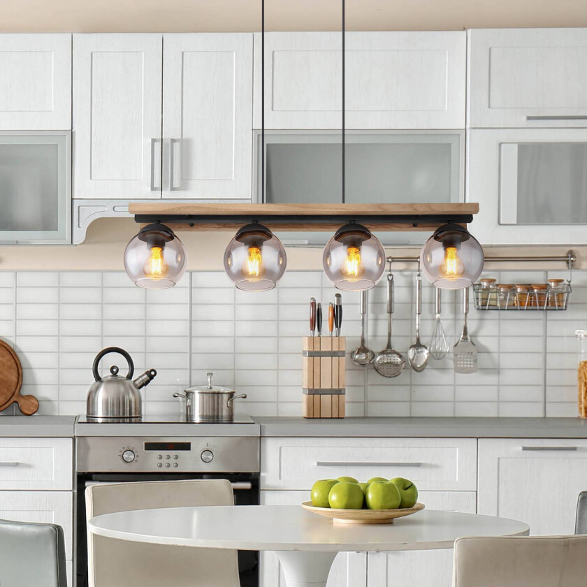 Conni hengelampe, lengde 85 cm, røykgrå, tre/glass, 4 lyskilder.