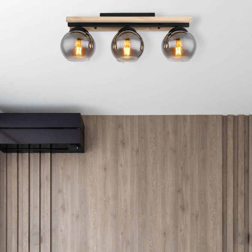 Conni taklampe, lengde 60 cm, røykgrå, tre/glass, 3 lyskilder.