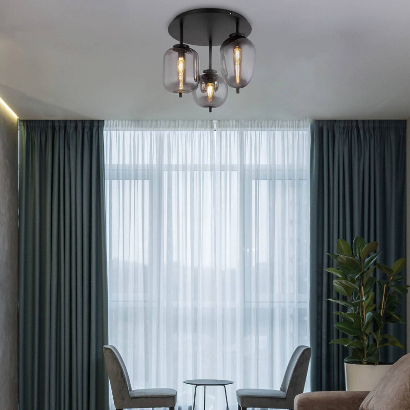 Taklampe Blacky, svart/røykgrå, Ø 46 cm, glass, 3 lyskilder.