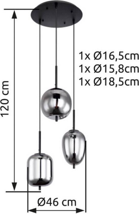 Hengelampe Blacky, svart/røykgrå, Ø 46 cm, glass, 3 lyskilder.