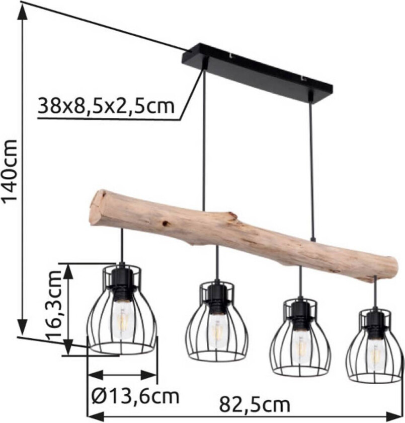 Mina hengelampe, lengde 83 cm, svart/brun, 4 lyskilder.