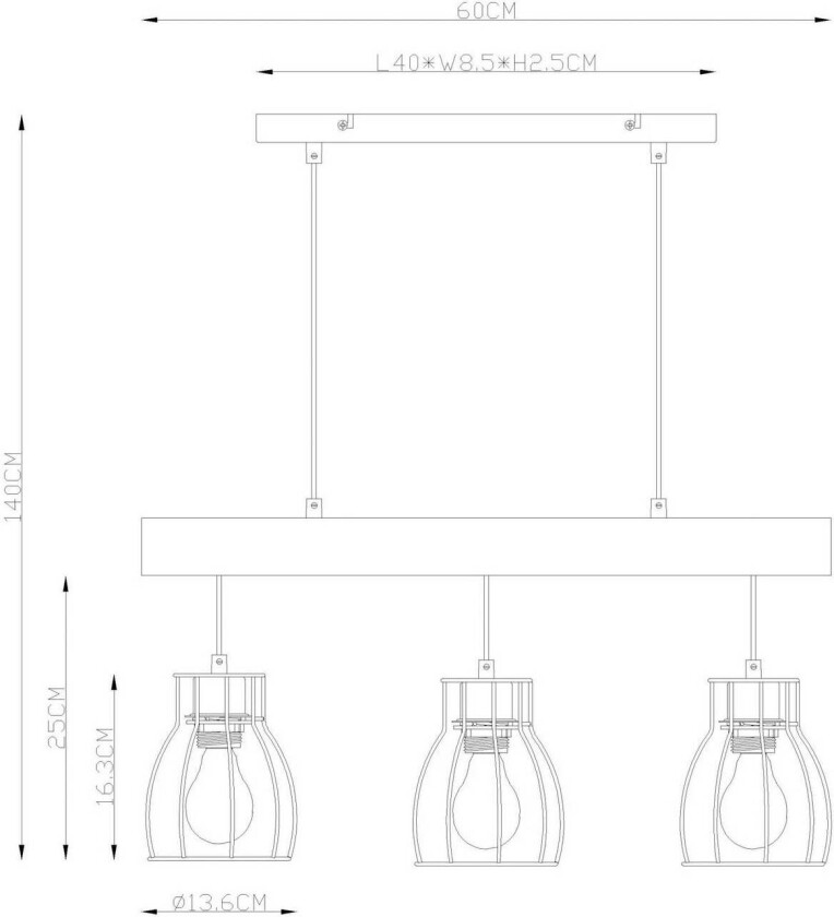 Mina hengelampe, lengde 60 cm, svart/brun, 3 lyskilder.
