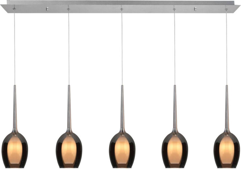 Hengelampe Belle, røykgrå/nikkel, lengde 110 cm 5 lyskilder i glass