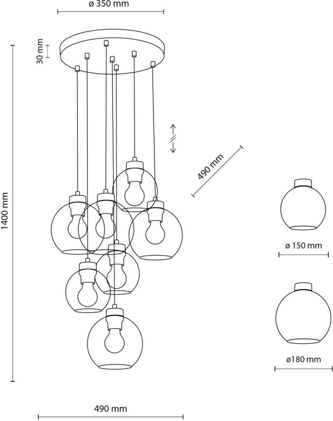 Hengelampe Cubus Mix, svart/farget, Ø 49 cm, glass, 7 lyskilder.