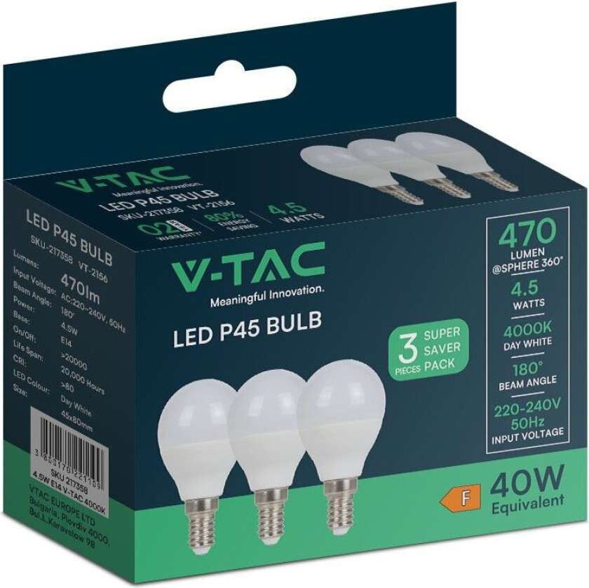 4,5W lyspære E14 - P45, plast, 4000K, 3 stk/pakke - Kulør : Nøytral