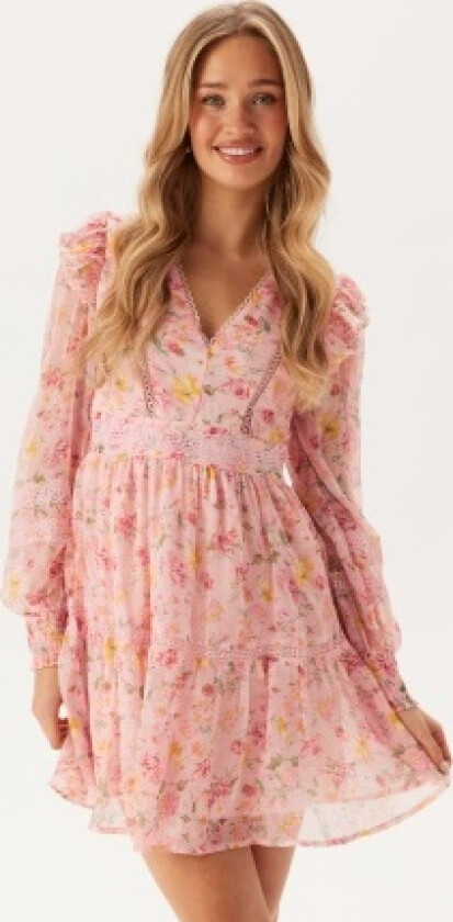 Viroman New V-neck L/S Short Dress Misty Rose AOP:FLOWER 44