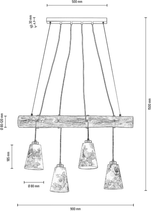 Pendellampe Flarino, furutre, 4 lyskilder