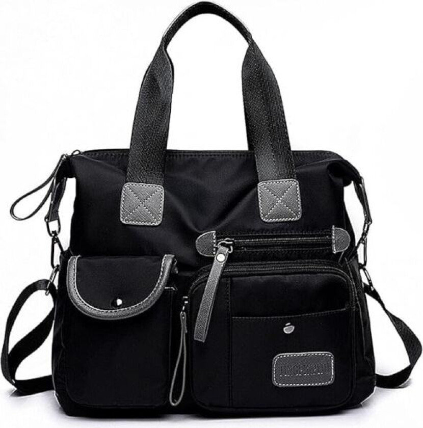Toteveske for kvinner, romslig håndveske med håndtak og flere lommer og glidelås, lett skuldertaske for damer, nylon (ren svart) Black