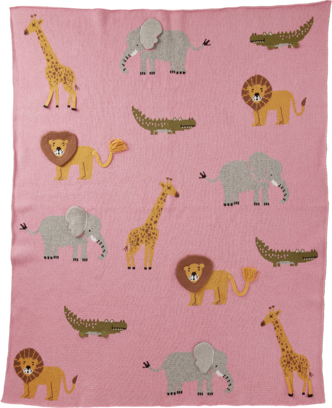 Bilde av Knitted Baby Blanket with Animals and 3D Details - Pink