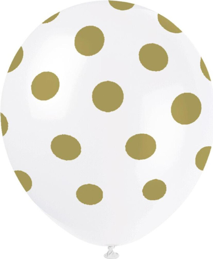 Sett med 6 hvite ballonger med gull prikker