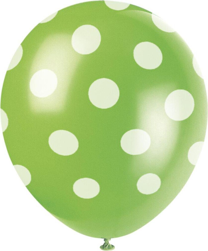 Sett med 6 lime grønn ballonger med hvite prikker