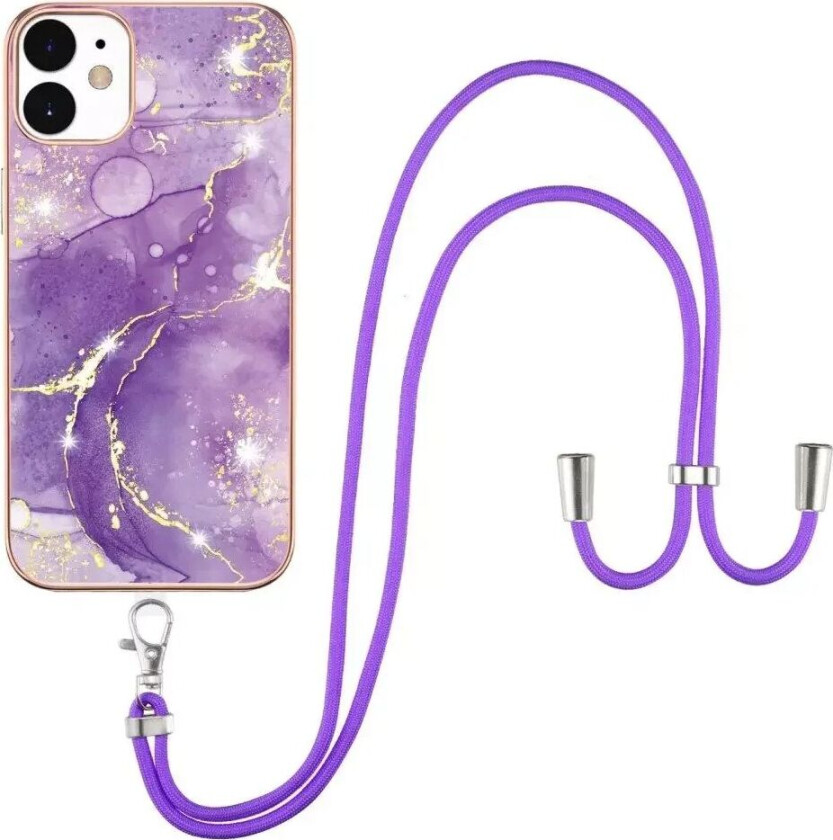 iPhone 12 / 12 Pro Marmor Hybrid Deksel med Justerbar Stropp - Rose Lilla