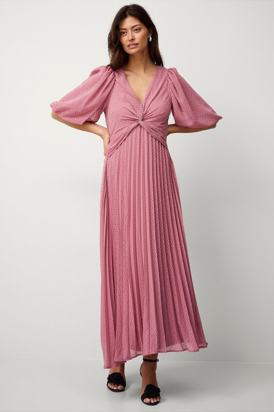 Plissert maxikjole med drapering - Rosa
