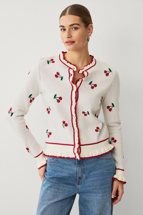 Cardigan med kirsebær - Hvit