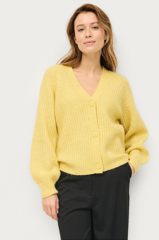 Ribbestrikket cardigan med knapper - Gul