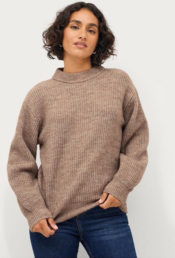 Ribbestrikket genser med rund hals - Beige