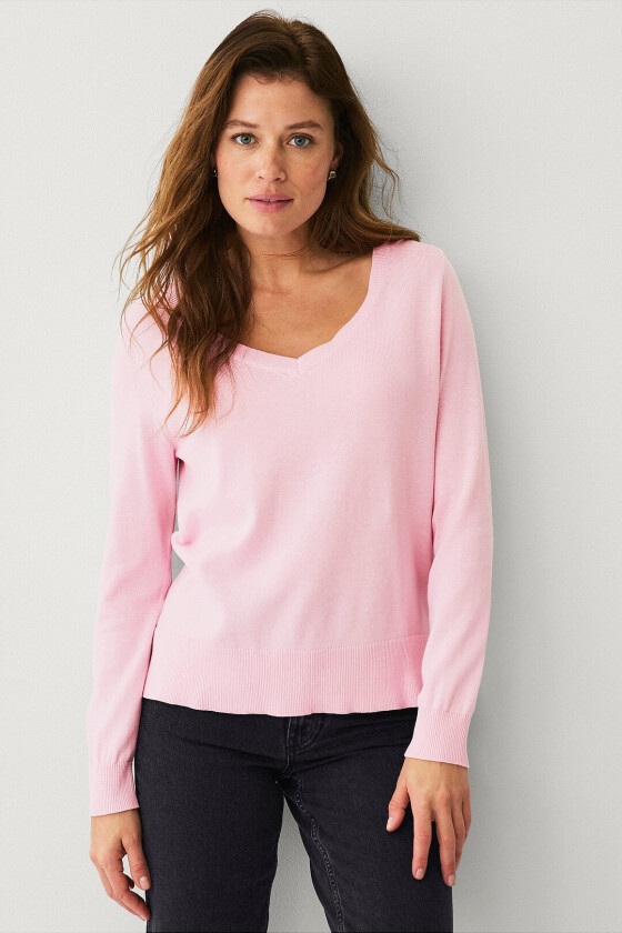 Finstrikket genser med v-hals - Rosa
