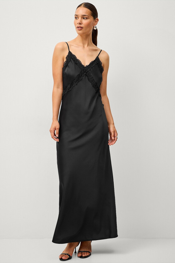 Maxikjole slfAlena Lace Trim Ankle Strap Dres - Svart