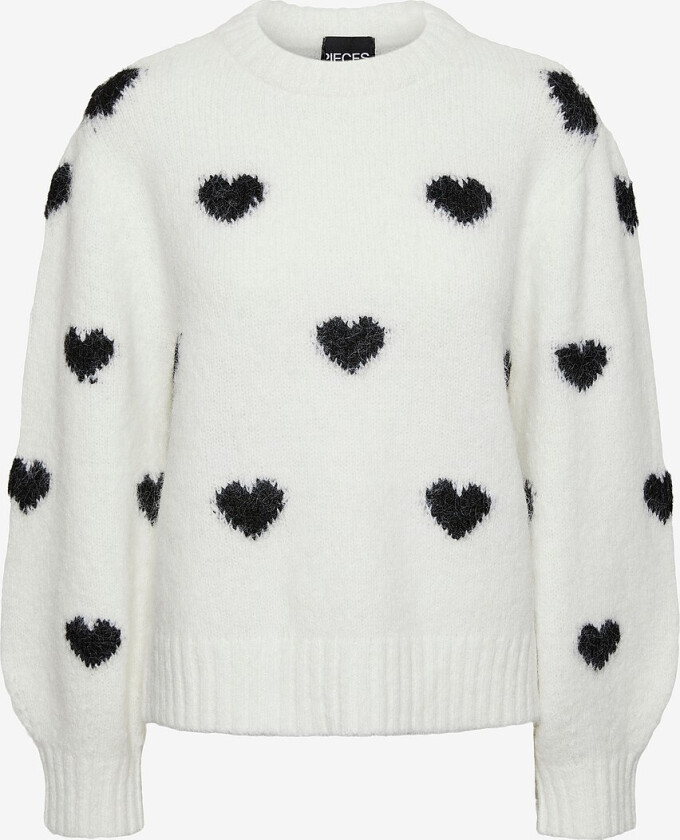 Genser pcRina LS O-neck Heart Knit BC - Hvit