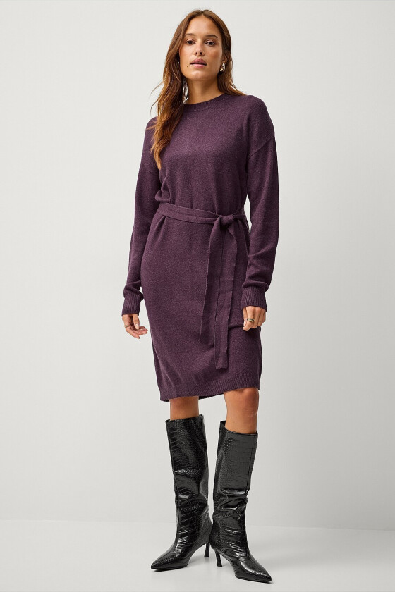 Kjole viRil O-neck L/S Belt Knit Dress - Lilla