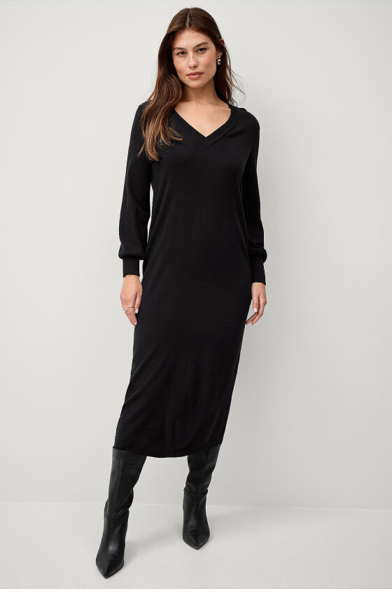 Kjole viComfy V-neck L/S Knit Dress - Svart