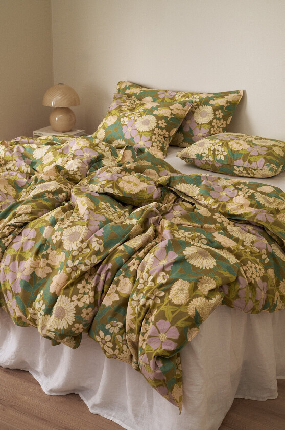 Sengesett Avery Flower i bomullspercale 2 eller 3 stykker - Grønn
