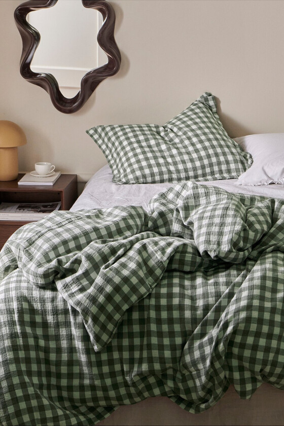 Sengesett Candela Check i musselin - Grønn