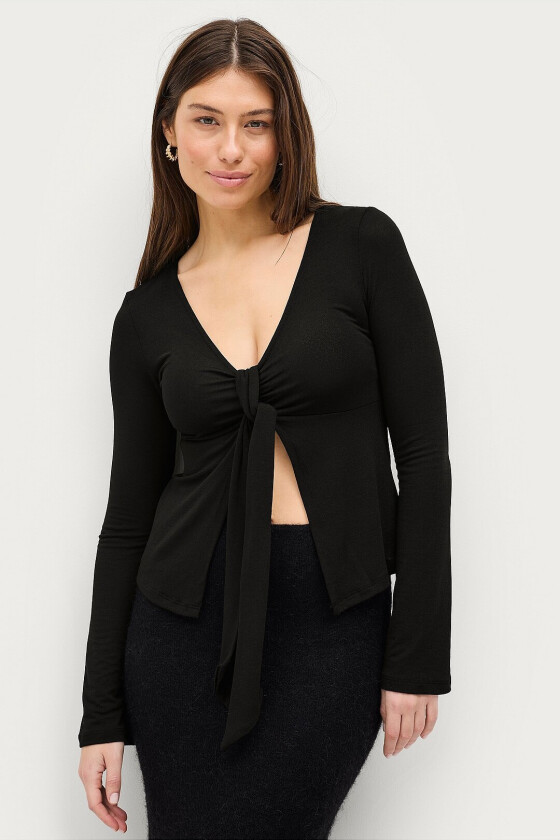Topp Tie Front Long Sleeve Top - Svart
