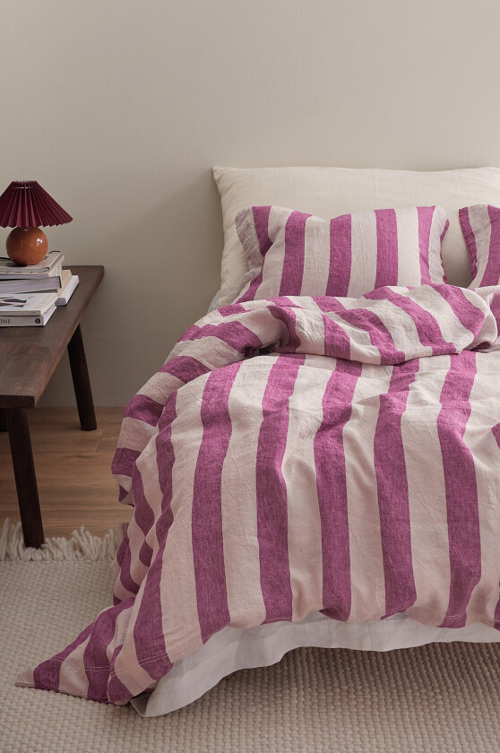 Sengesett Candice Block Stripe i vasket lin, 2 deler - Flerfarget