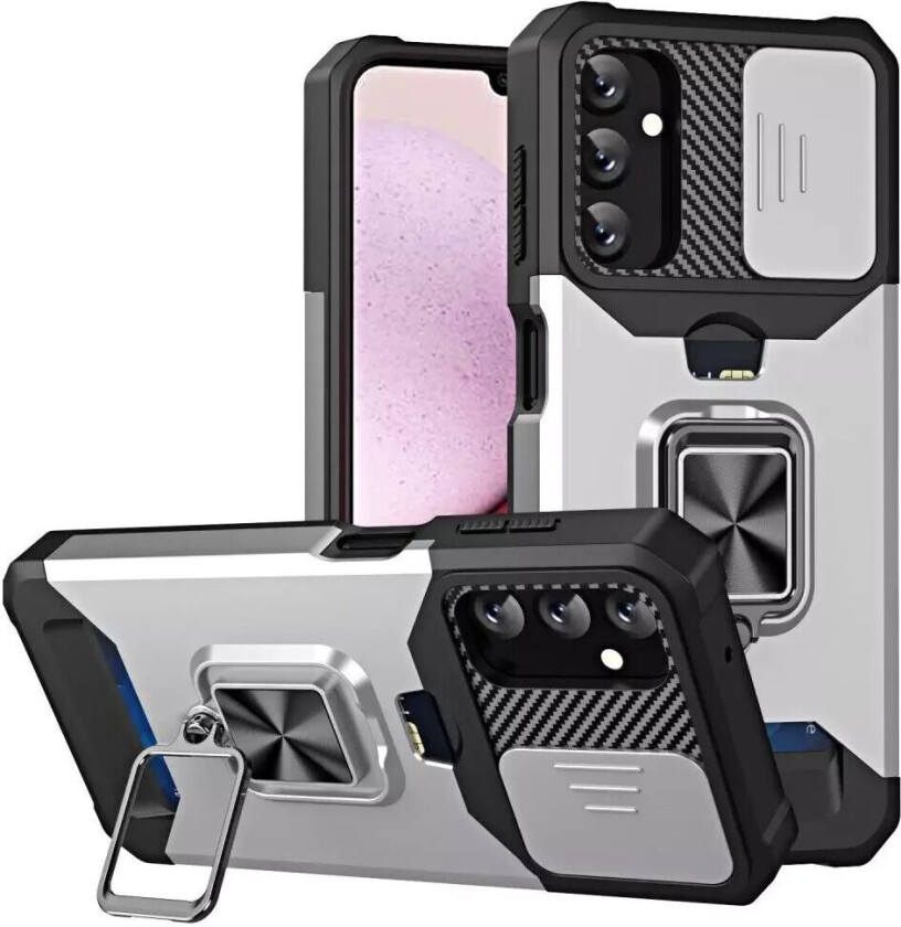 Samsung Galaxy A14 (5G) Håndverker Deksel med Magnetisk Stativ, Kortholder og Cam Slider- Svart / Sølv
