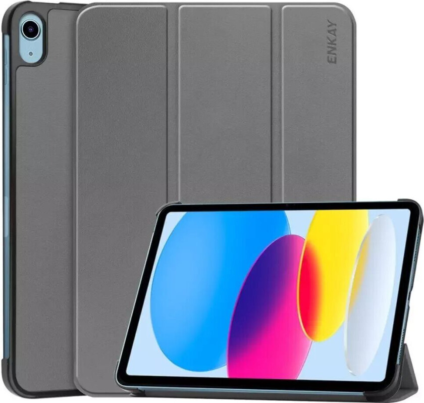 Apple iPad 10.9" (2022) ENKAY Kunstskinn Flip Deksel m Stativ - Grå