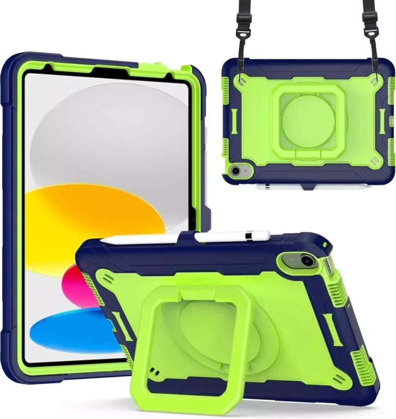 iPad 10.9 (2022) Silikondeksel med 360 Graders Stativ og Bærestropp - Grønn / Blå