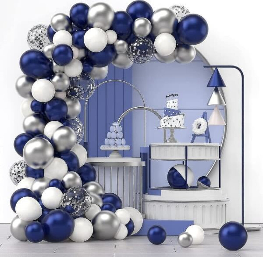 Marinblå, sølv og hvit konfettiballongbue-sett, 120 stk 12in 10in 5in Latex Garland Arches Kit for eksamen, bursdag, bryllup, jubileum, feiring