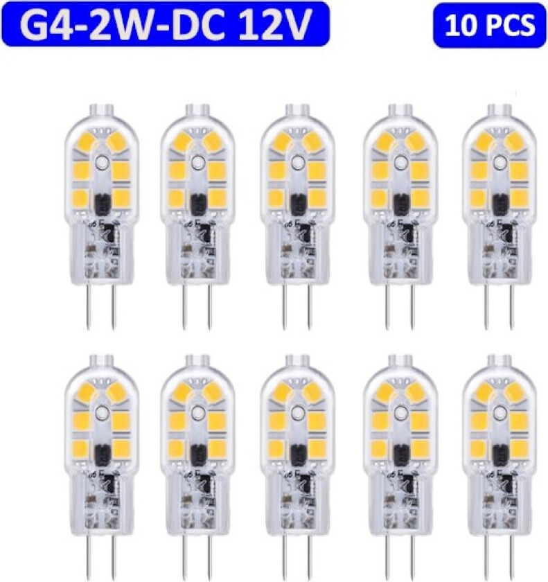 Pærer 10-pakning G4 LED-pære 2W, DC 12V lyspære, 6000K hvit