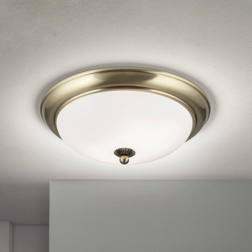 Empire taklampe, Ø 35,5 cm, antikk messing, matt opalglass