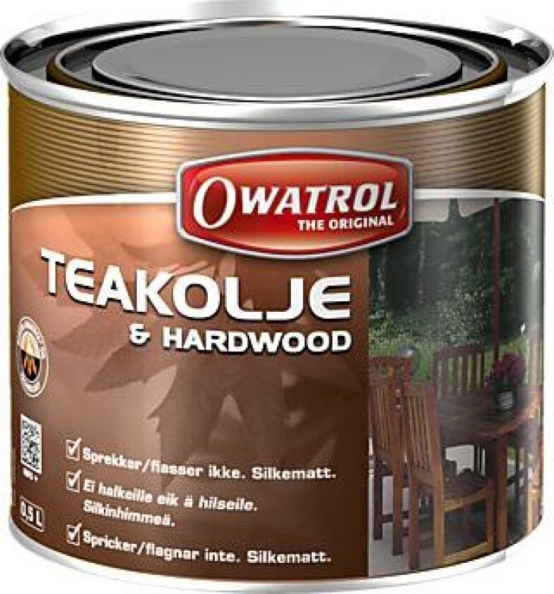 Owatrol teakolje Teakolje til teak og andre eksotiske treslag. Gir god beskyttelse og pleie til treverket. Anbefalt forbruk pr. strøk: 5 m²/liter.