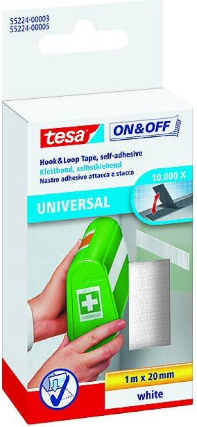 Borrelåstape 20mmx1m f/lette gj hv tesa t/lette gjenstander hvid