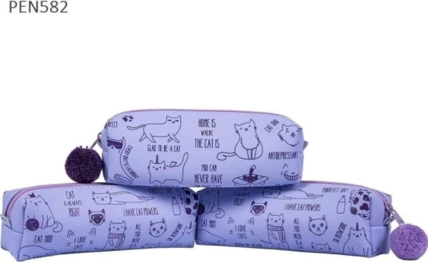One-Compartment Pencil Case With Pompom Cats + Inscriptions