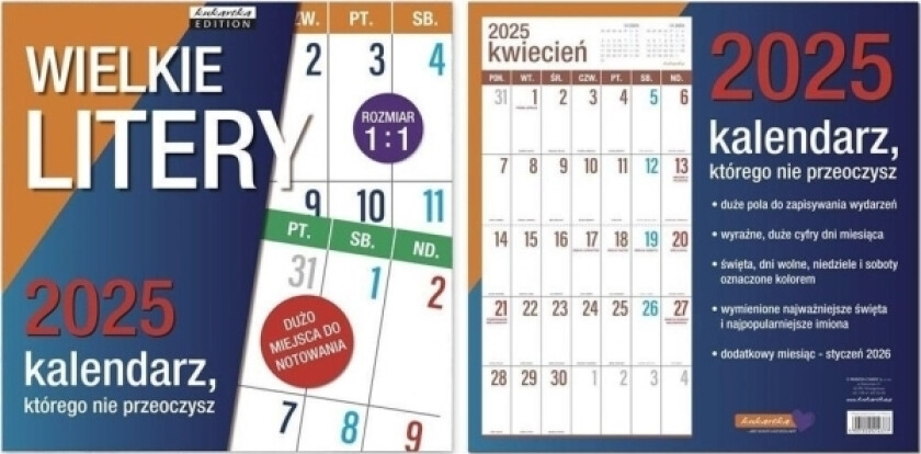 Kalender 2025 Veggkalender Klassiske Store Bokstaver